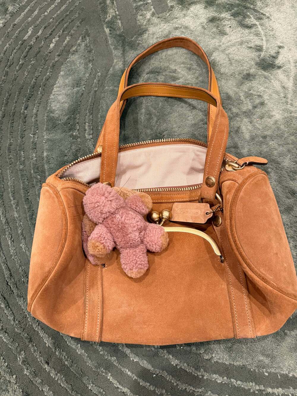 Coach Suede Kisslock Barrel Bag in Caramel with Bunny Charm